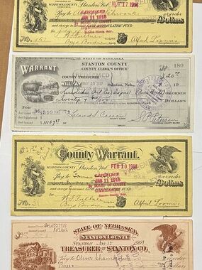 Vintage County Warrants and Treasurer Checks - Yellow, Gray, Cream